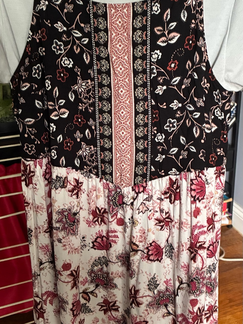 Maurices Black and Cream Floral Midi Dress with Pink Accents